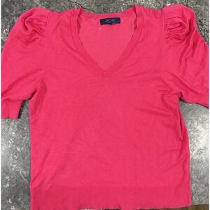 Rachel Roy Womens V Neck Puff‎ Sleeve Lightweight Short Sleeve Sweater Pink Sz L
